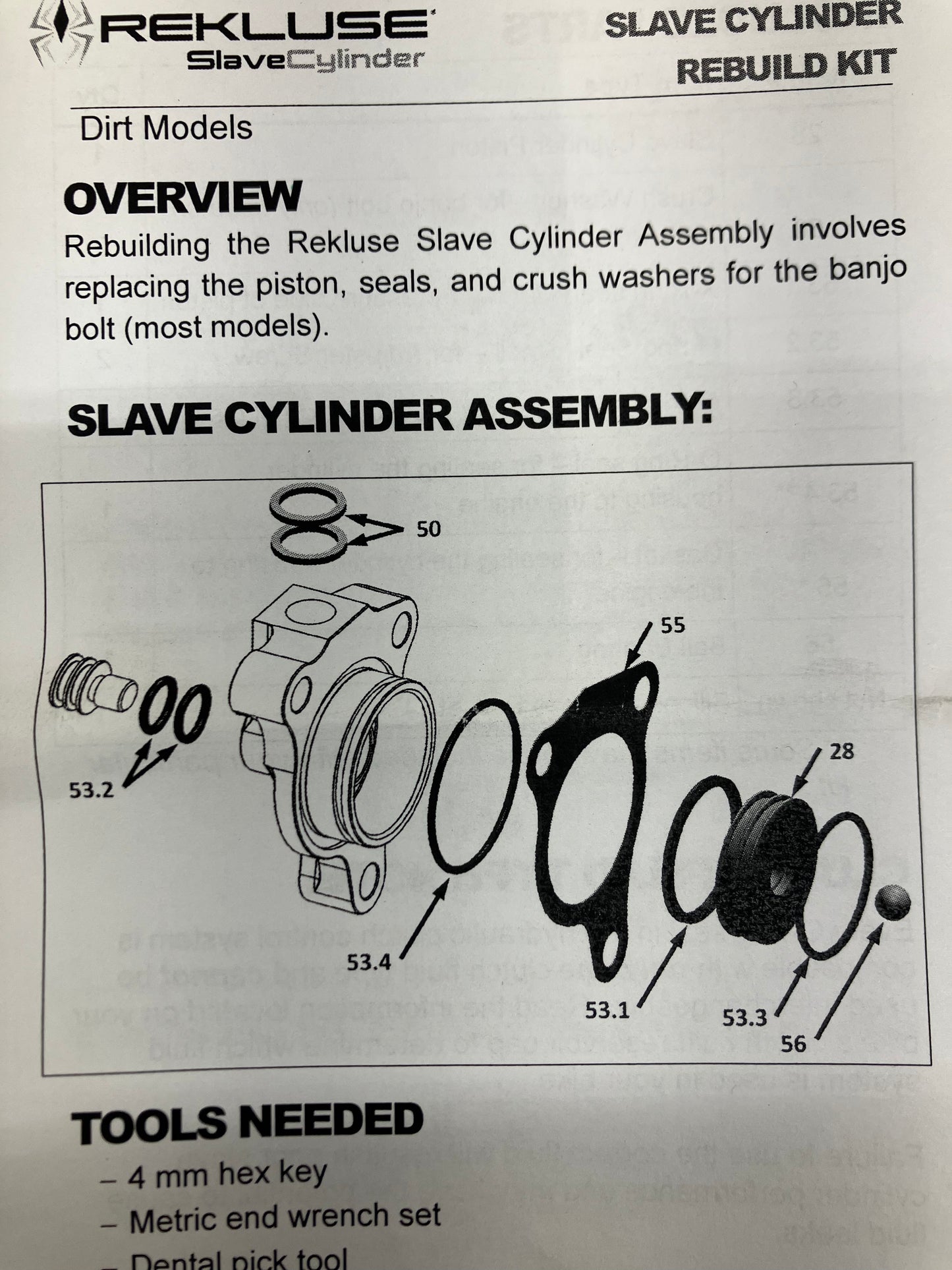 REKLUSE SLAVE CYLINDER REBUILD KIT RMS-2313081 KTM/HSQ/
